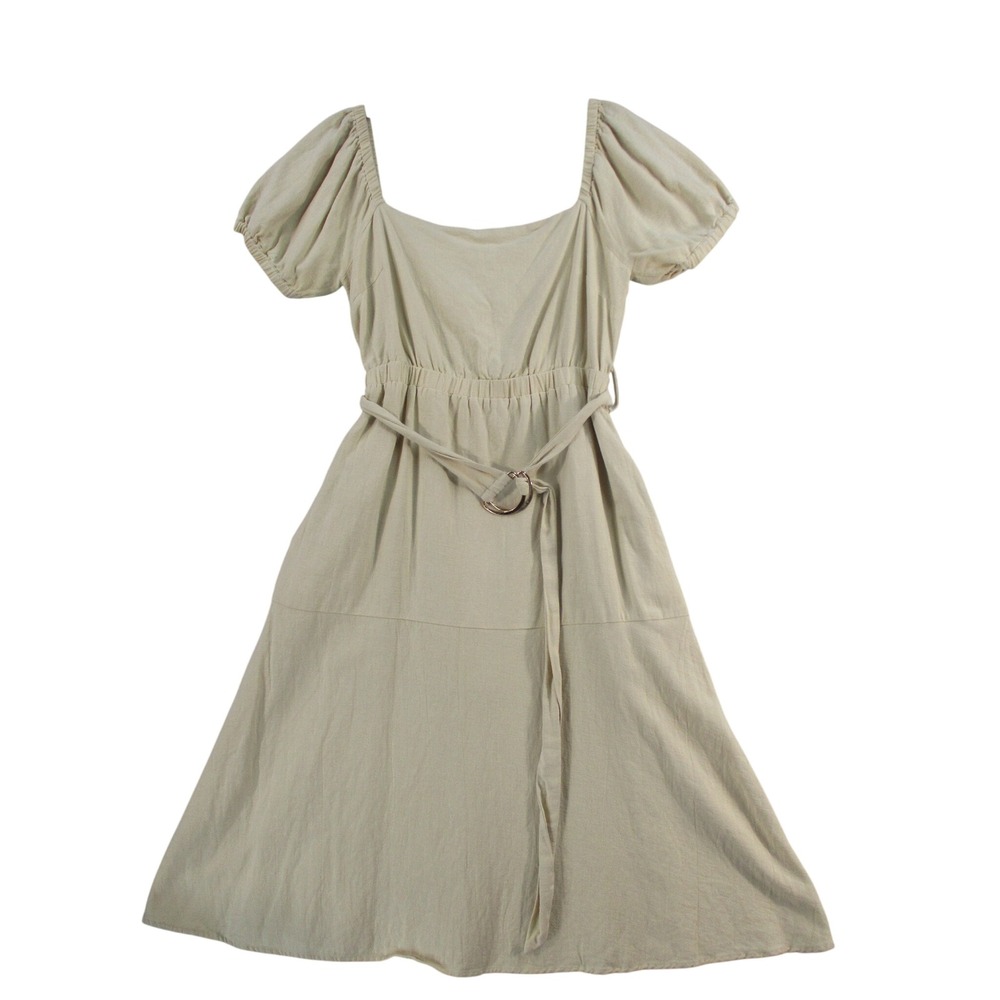 Lost + Wander Beige Puff Sleeve Lace Up Back Midi Dress Tan Festival Cottagecore